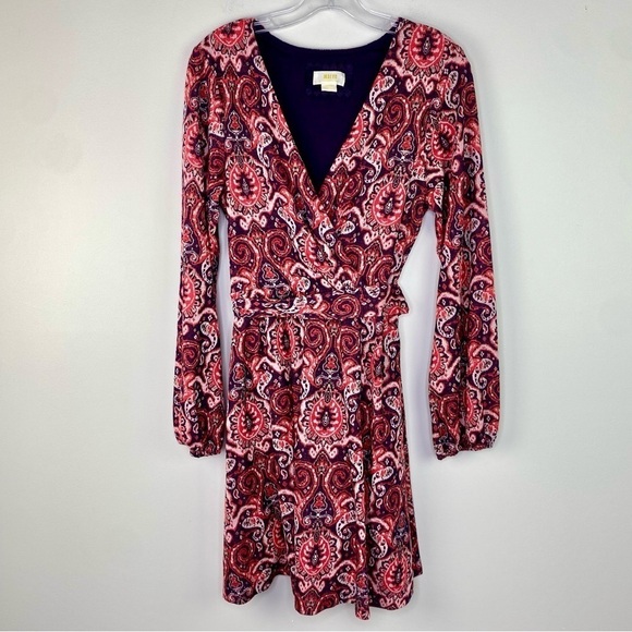 Anthropologie Maeve Pink Floral long sleeve Belted stretch knit dress size L - Picture 6 of 16